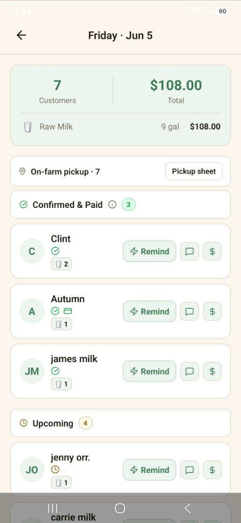 My Farm — Daily pickup list